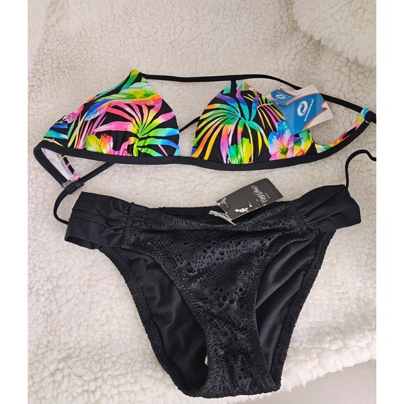 Small O'Rageous Swim Bikini Tropical Top Large Mossimo Black Bikini Bottoms NEW - Picture 3 of 8